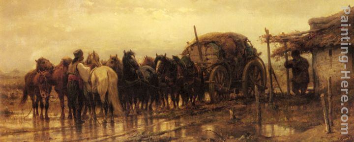 Adolf Schreyer Hitching Horses to the Wagon